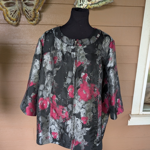 Maggie Barnes Black Pink And Silver Floral Zip Up Jacket - Picture 1 of 5